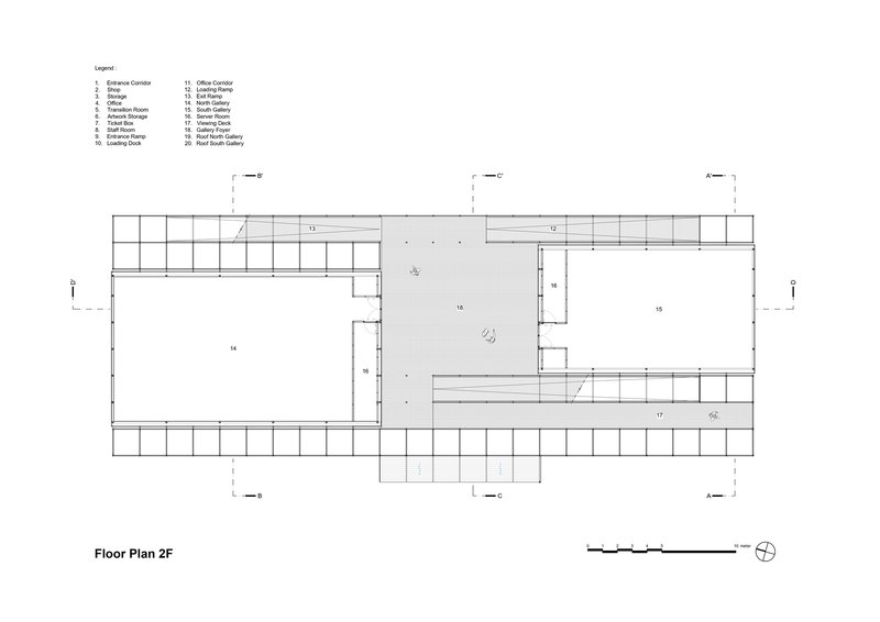 Second floor plan drawing showing two large gallery volumes connected by a circulation bridge
