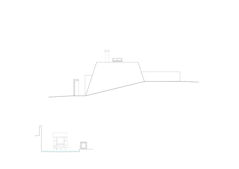 Elevation drawing showing a sloped structure with angled walls nestled into a hillside terrain