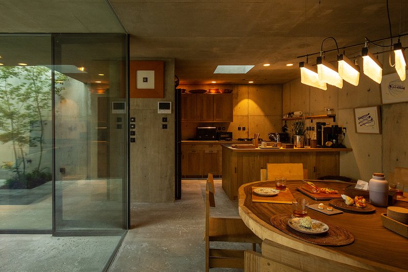 Open kitchen and dining space with timber cabinetry receiving skylight beams through the roof
