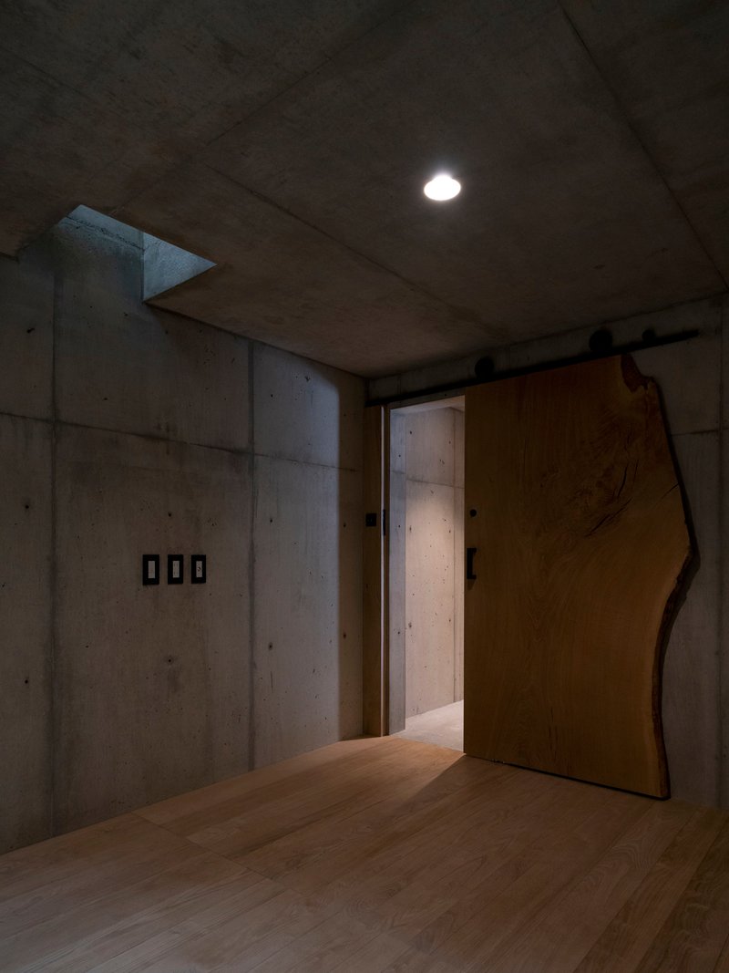 Interior entry hall with board-formed concrete walls and sculptural timber door on sliding track