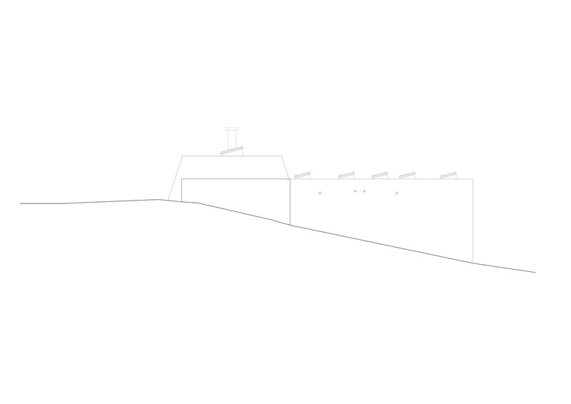 Elevation drawing showing the sloped roofline with chimney and rhythmic window openings on grade
