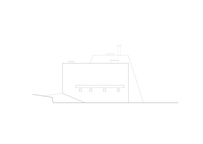 Elevation drawing showing rectilinear volumes with horizontal window band and chimney on sloping terrain