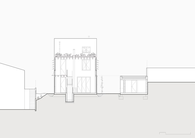 Section drawing displaying a tall volume with double-height space, rooftop garden, and neighboring lower structure