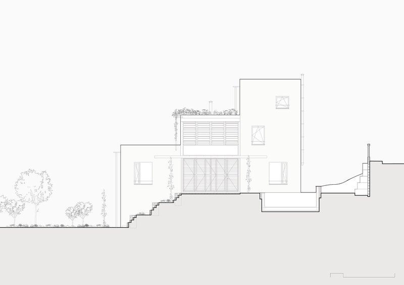 Elevation drawing of stacked volumes with louvered screens, terraced gardens, and stepped foundation on sloping ground