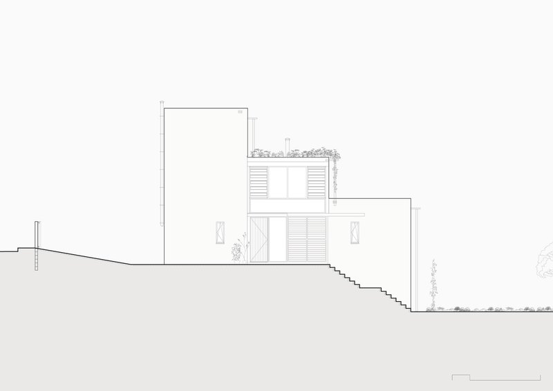 Section drawing showing stepped volumes descending a sloped site with planted roof terraces