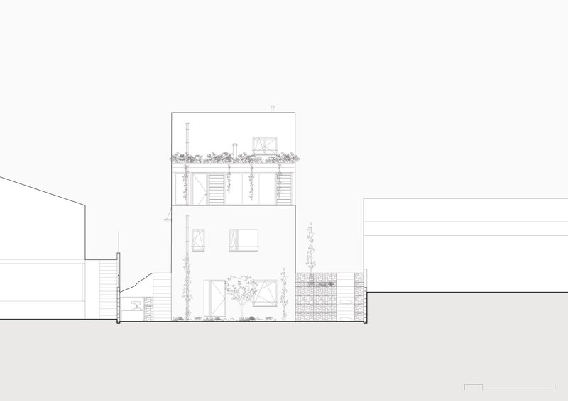 Elevation drawing depicting a multi-story facade with louvered panels and surrounding vegetation
