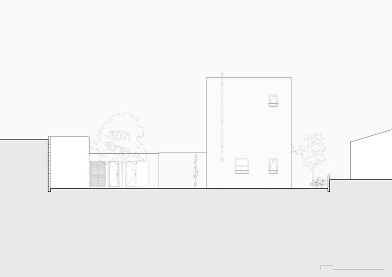 Section drawing showing single-story volumes with a tall vertical volume and mature trees