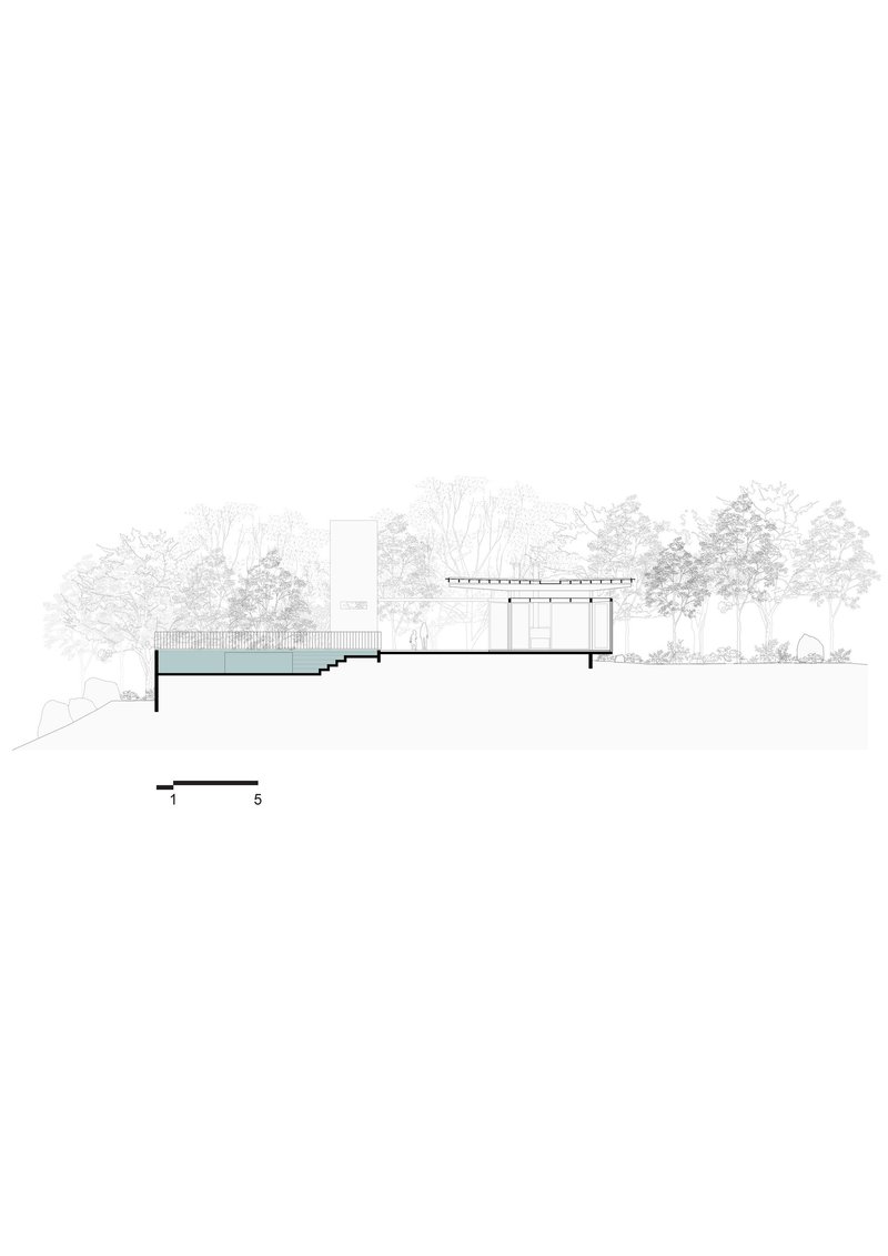 Section drawing showing lower level carved into hillside beneath main pavilion with swimming pool