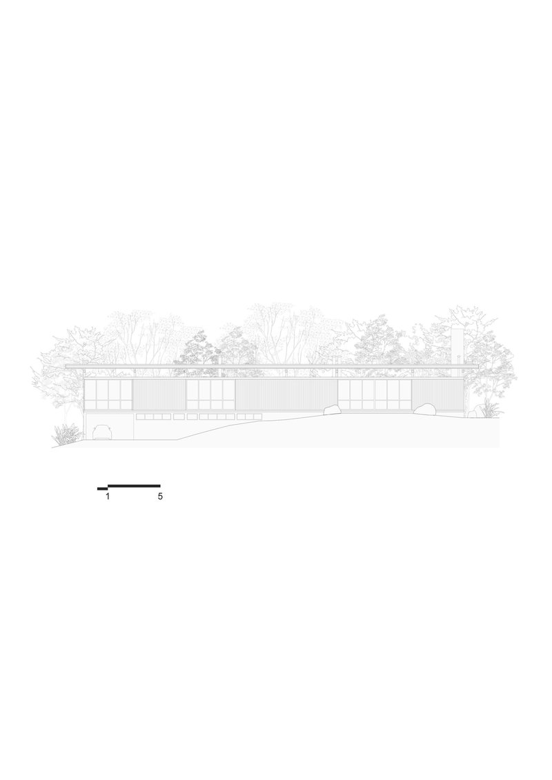 Elevation drawing showing horizontal volume with regular window openings set against tree canopy