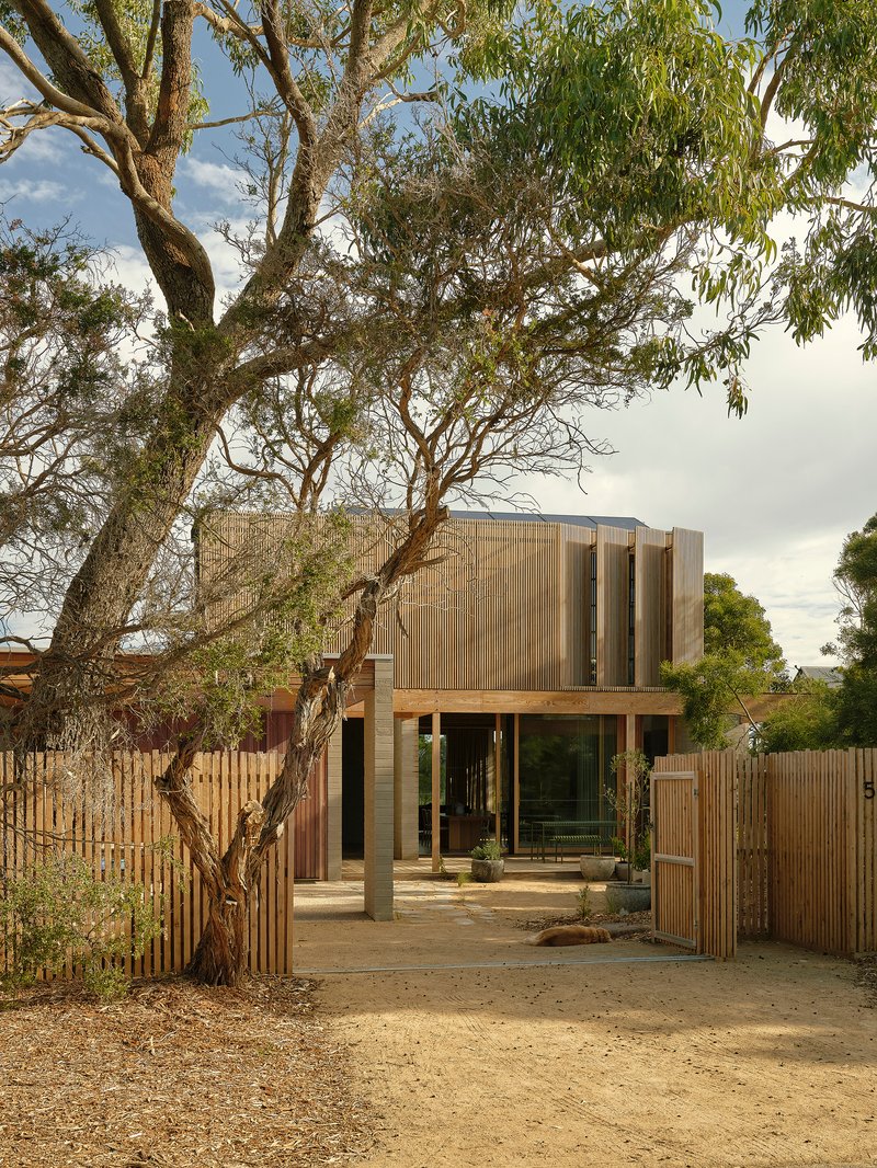 Two-storey timber screen facade with ground-level courtyard behind vertical slat fencing under overcast sky