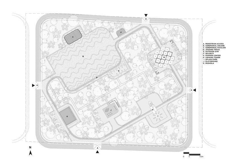 Site plan drawing showing multiple pavilions and pathways within a landscaped perimeter ringed by trees