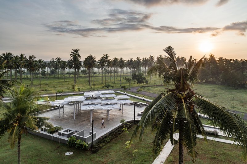 Aerial view of the flat canopy structure with slender columns surrounded by palm groves at sunset