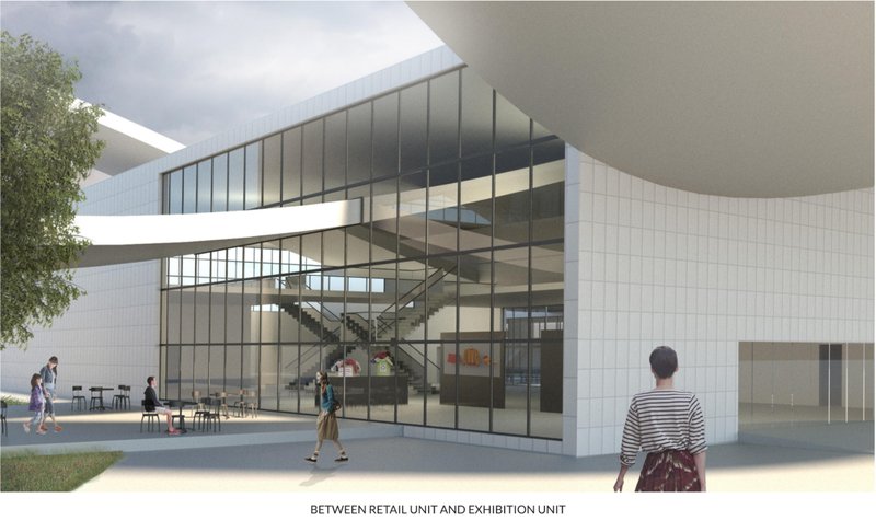 Transitional plaza between retail and exhibition units, reinforcing transparency and public engagement in sustainable fashion architecture.