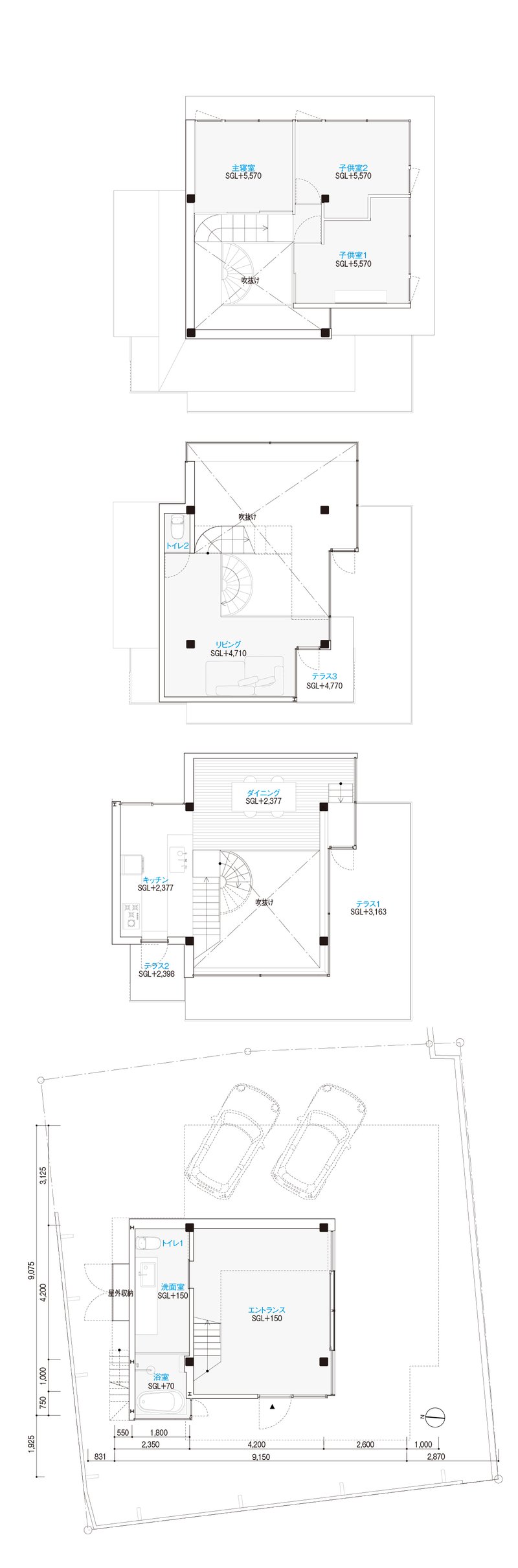 Floor plan drawings showing four levels with stairs, parking, and various rooms arranged vertically