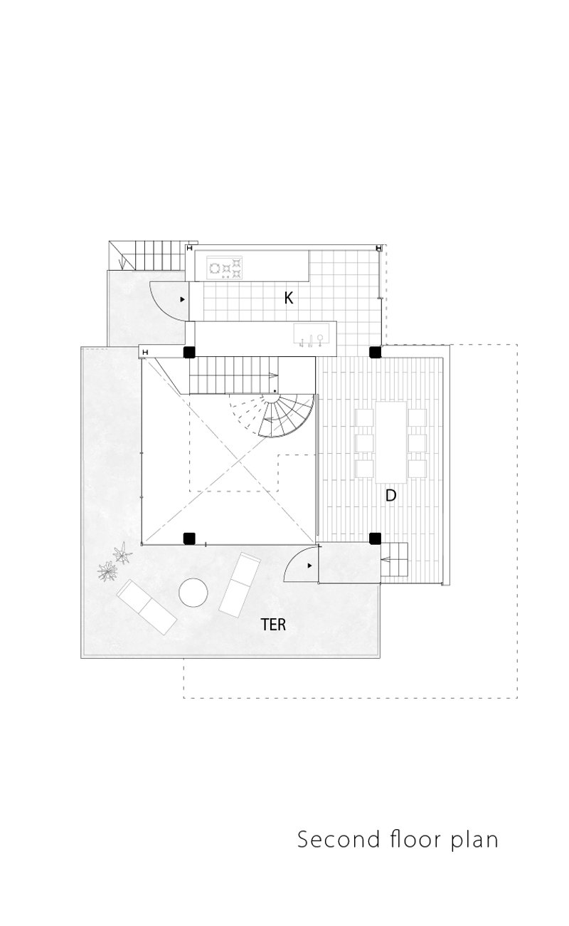 Second floor plan drawing showing kitchen, dining area, spiral stair, and terrace with outdoor furniture