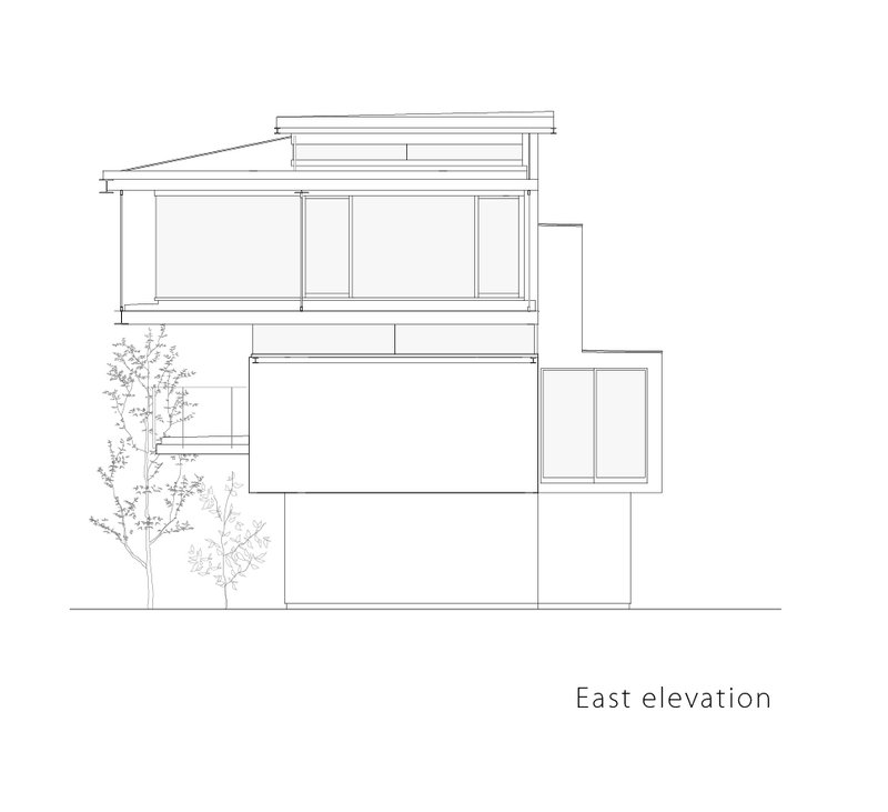 East elevation drawing showing offset floor plates and large glazed openings with trees