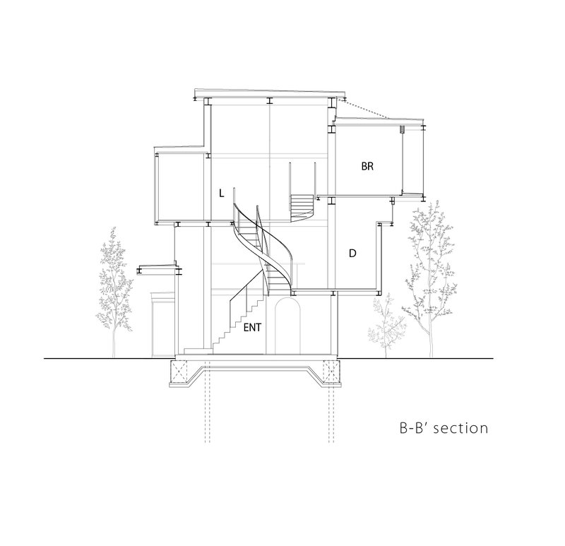 Section drawing showing a multi-level residence with spiral staircase and flanking trees