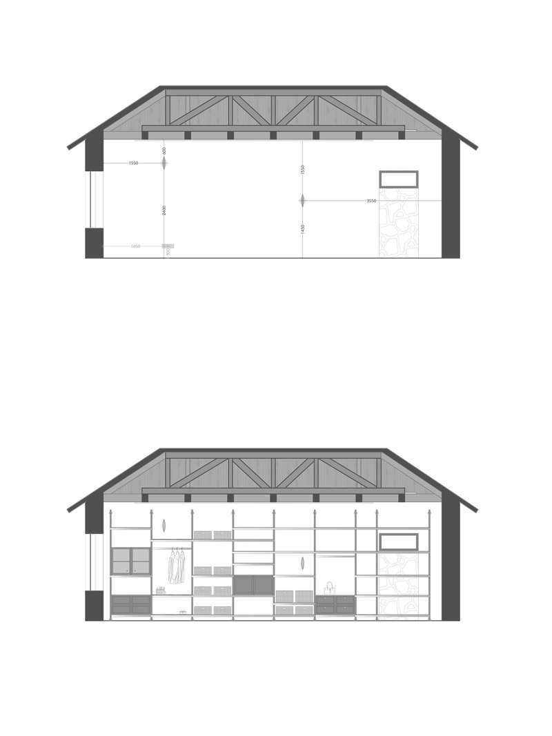 Section drawing showing exposed triangular truss roof system over open volume with shelving on one end