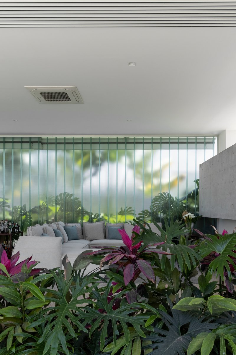 Interior view through translucent vertical louvers showing planted bed and seating beyond