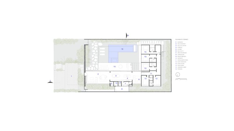 Floor plan showing rectangular volume with central courtyard and swimming pool flanked by living and service zones