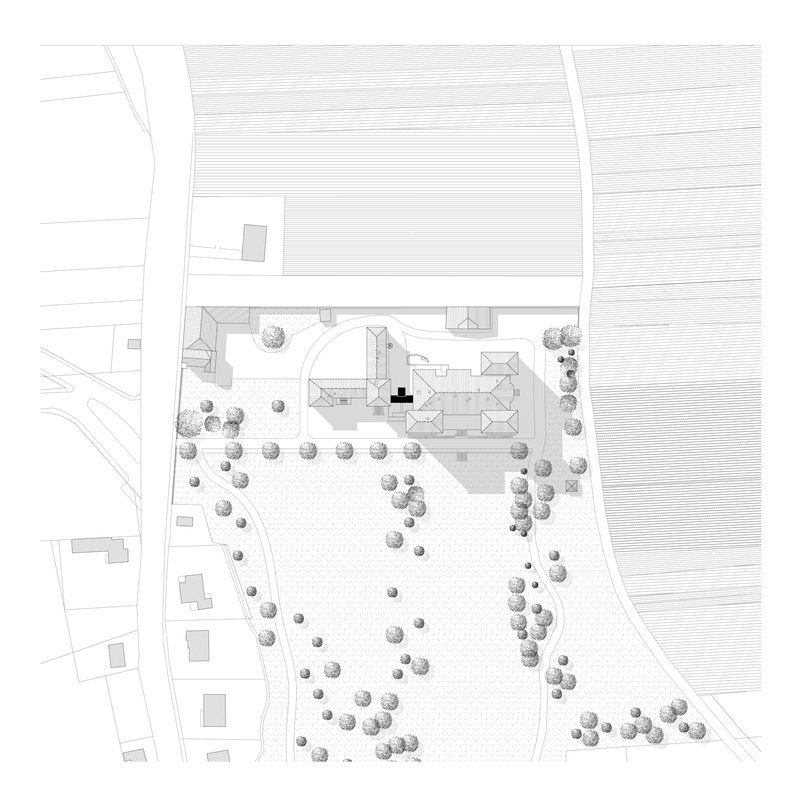 Site plan drawing showing the building cluster within a landscaped precinct with tree clusters