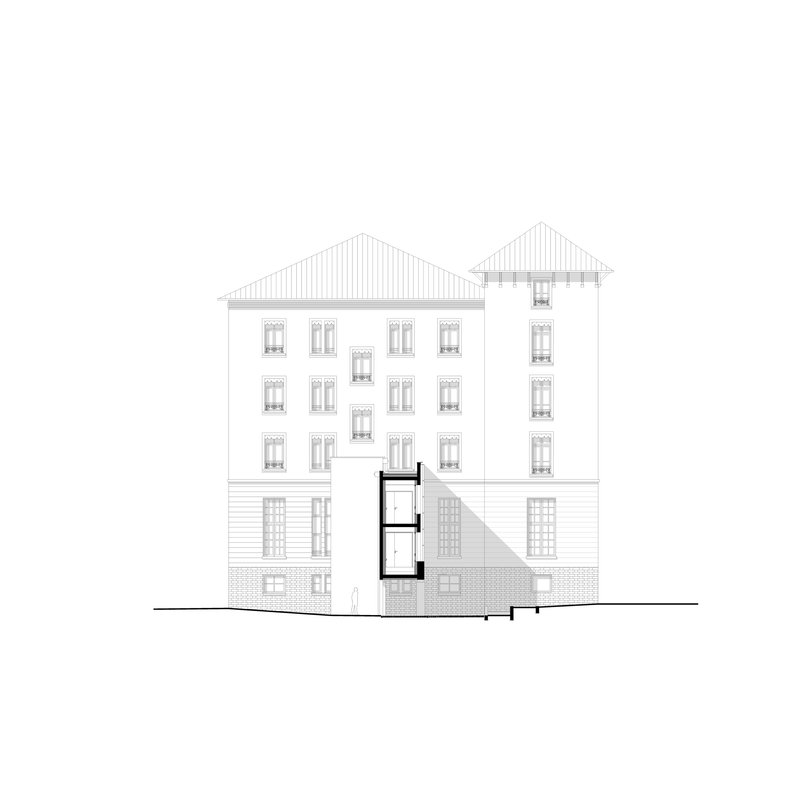 Elevation drawing showing the new timber volume inserted between the stone base and upper tower