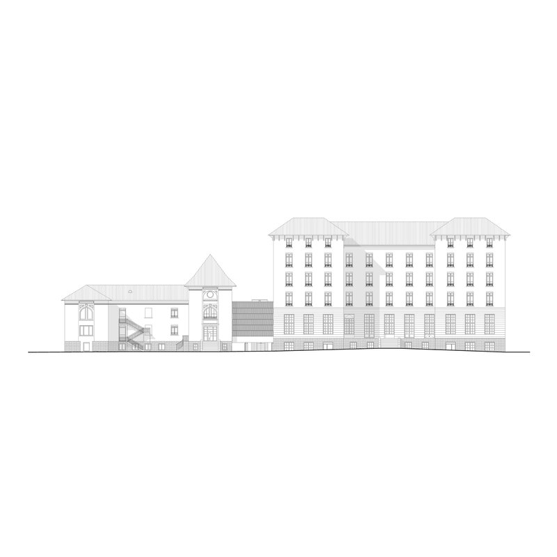 Elevation drawing showing the full complex from chapel to main tower with the intervention highlighted