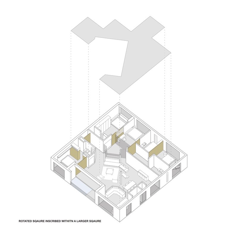 Axonometric drawing showing a rotated square floor plan with central stair and scattered yellow storage volumes