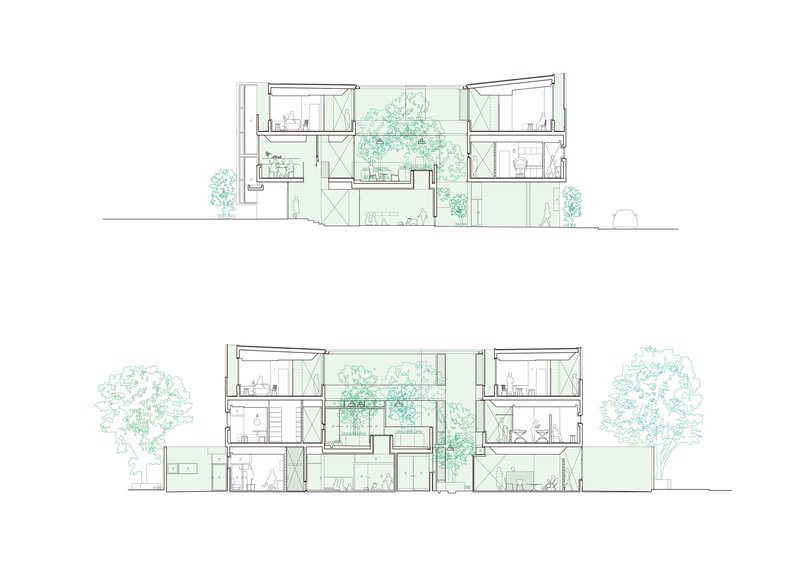 Section drawings showing multi-level interior spaces with central courtyard trees and planted terraces