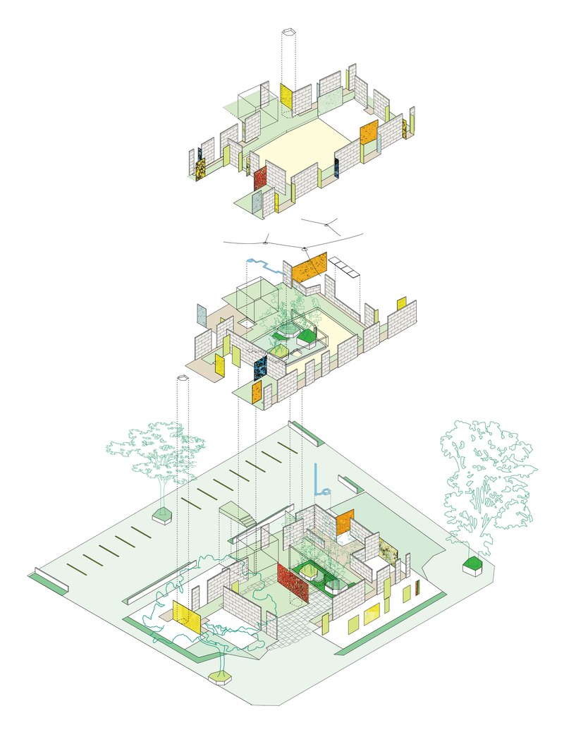 Exploded axonometric drawing revealing three floor levels with courtyards and colored accent panels