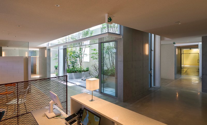 Reception area with metal mesh barrier and glass wall opening to a planted courtyard