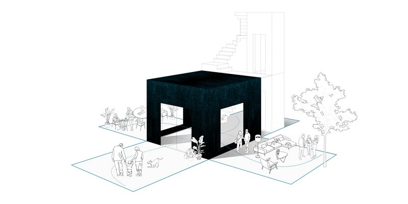 Axonometric drawing showing a dark cubic volume with openings surrounded by outdoor terraces and figures
