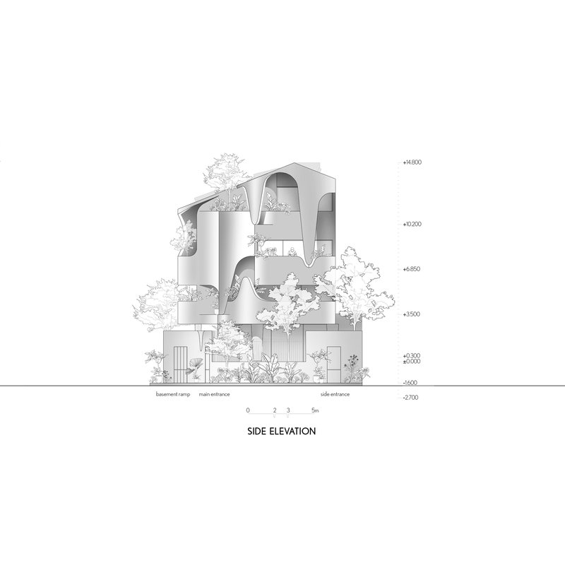 Side elevation drawing depicting the arched roof canopy over staggered floor plates and landscape