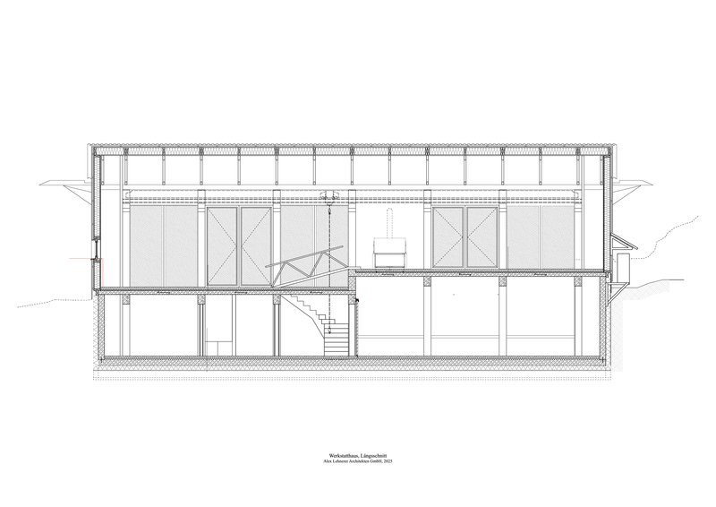 Longitudinal section drawing illustrating two-story interior volume with exposed roof structure and staircase