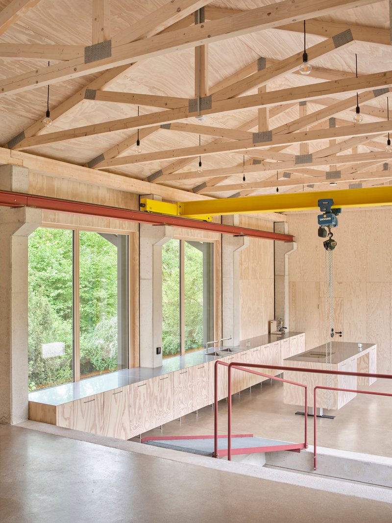Interior view of exposed timber beam ceiling with red steel crane beam and plywood workspace overlooking trees