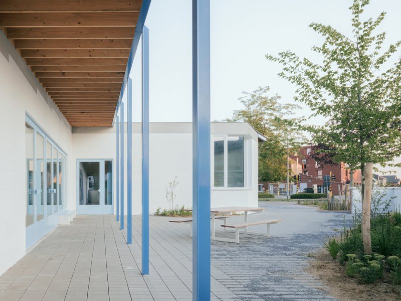 Covered walkway with timber decking and exposed wood ceiling supported by slender blue steel columns