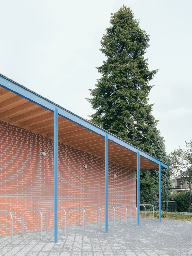 Covered bicycle shelter with blue steel columns and exposed timber roof beside conifer