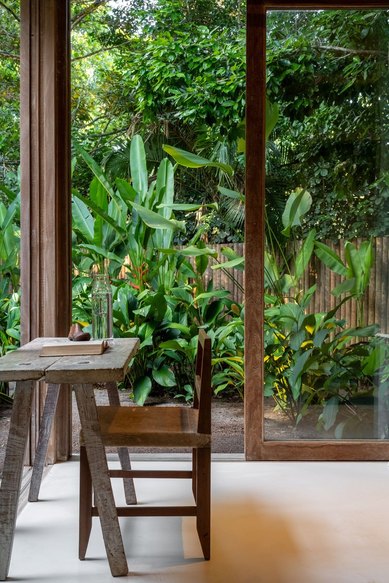 Timber framed glass door opening to a garden planted with banana leaves and tropical vegetation