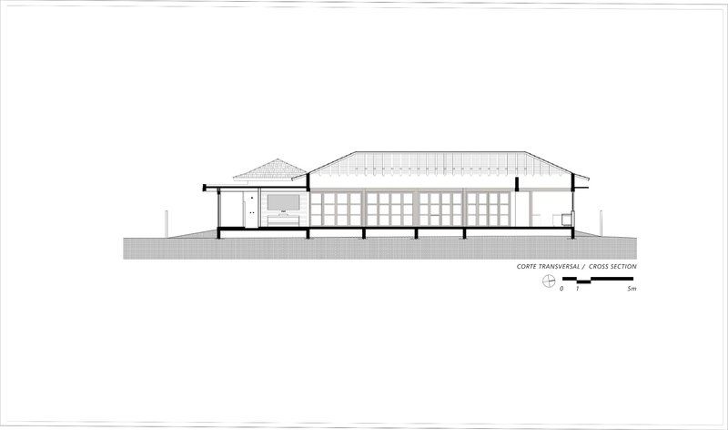 Cross section drawing revealing the vaulted central volume flanked by lower pitched roof structures