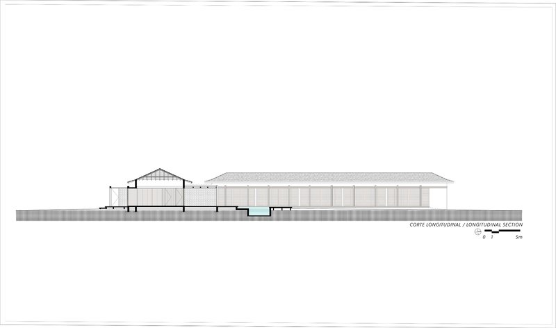 Longitudinal section drawing showing the colonnade and continuous low-pitched roof stretching across the site