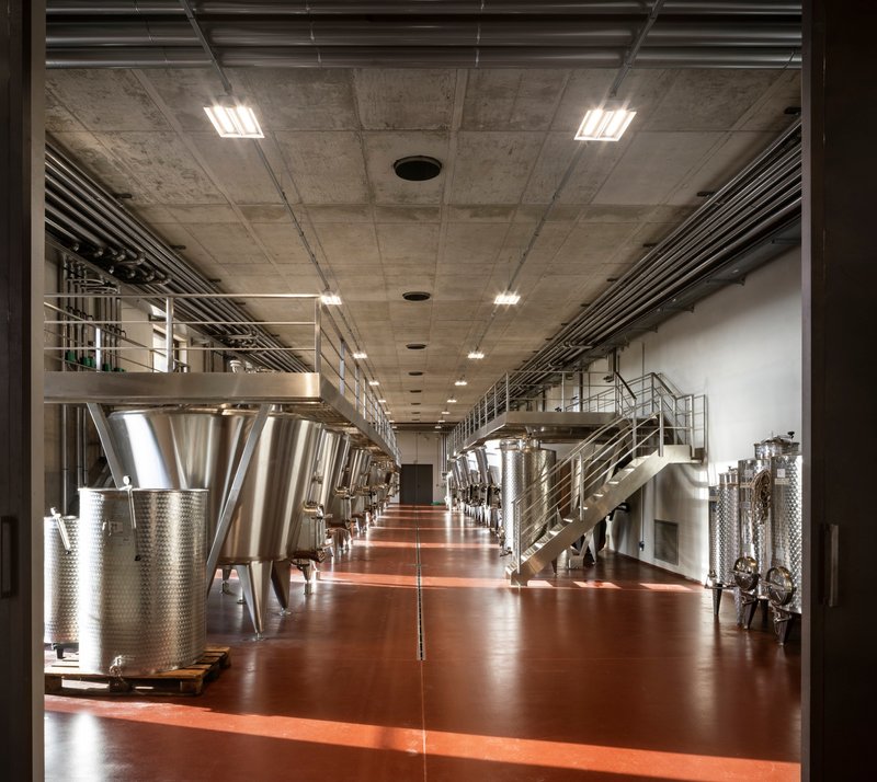 Production hall with stainless steel fermentation tanks beneath exposed concrete ceiling and mezzanine walkways