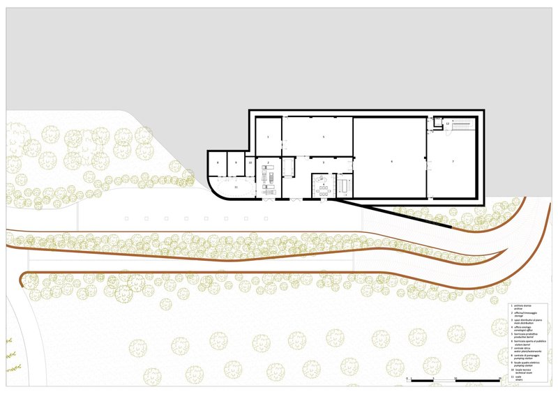 Floor plan showing storage spaces and service rooms adjacent to planted terraces