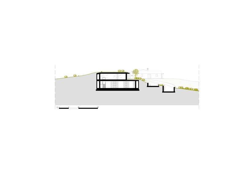 Section drawing depicting a two-level sunken volume with green roof and sloping grade beyond