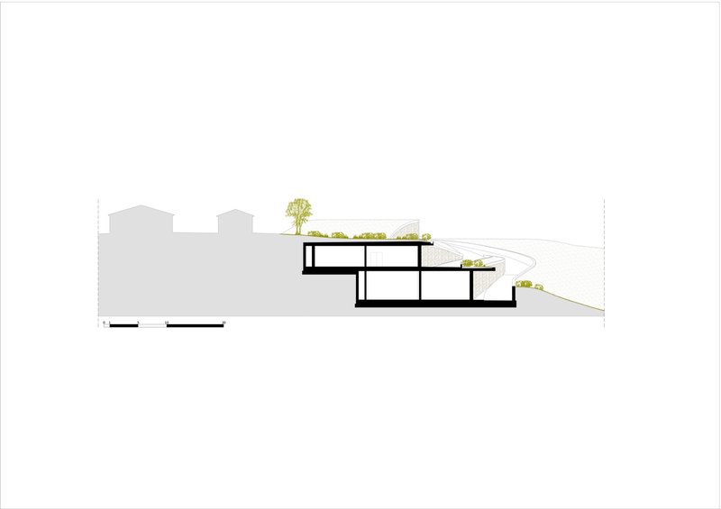 Section drawing illustrating stepped interior levels following the descending topography with roof planting above