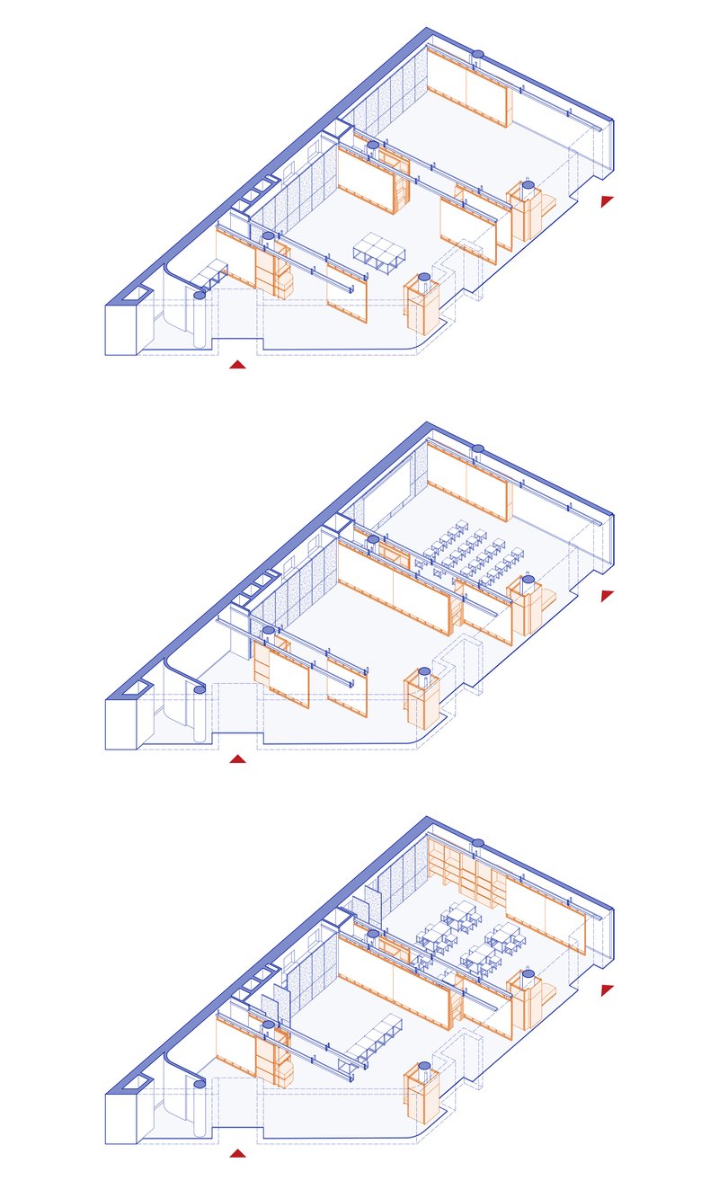 Axonometric drawing showing three configurations of an open-plan interior with movable partitions and seating