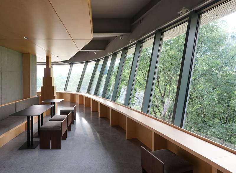 Reading room with sloped glazing and timber millwork seating overlooking trees in natural daylight