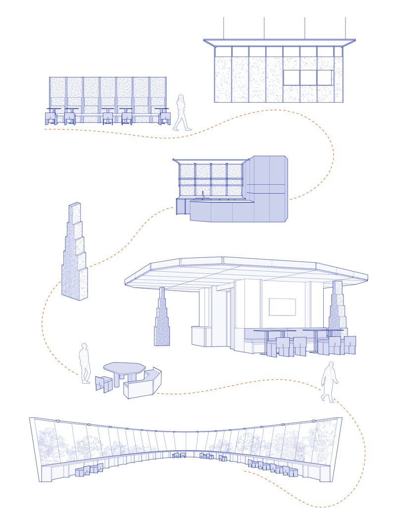 Exploded axonometric diagram showing various pavilion components with human figures for scale