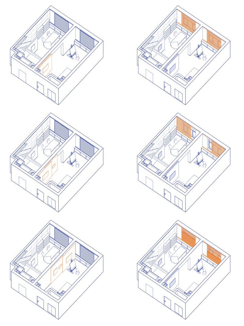 Isometric drawing showing six variations of a two-room unit with different partition configurations