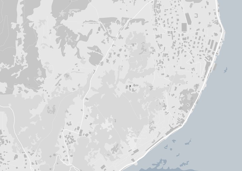 Site plan drawing depicting the coastal settlement with roads, buildings, and topography along the waterfront