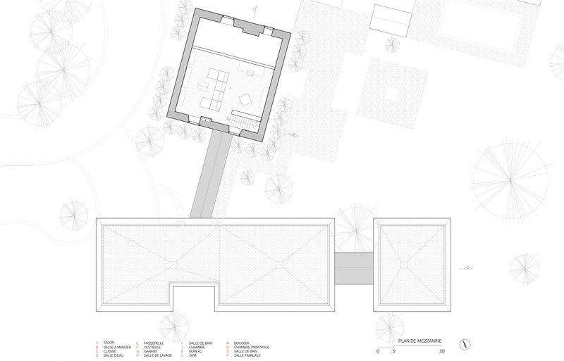 Mezzanine level floor plan drawing showing a large open volume with adjacent smaller square room